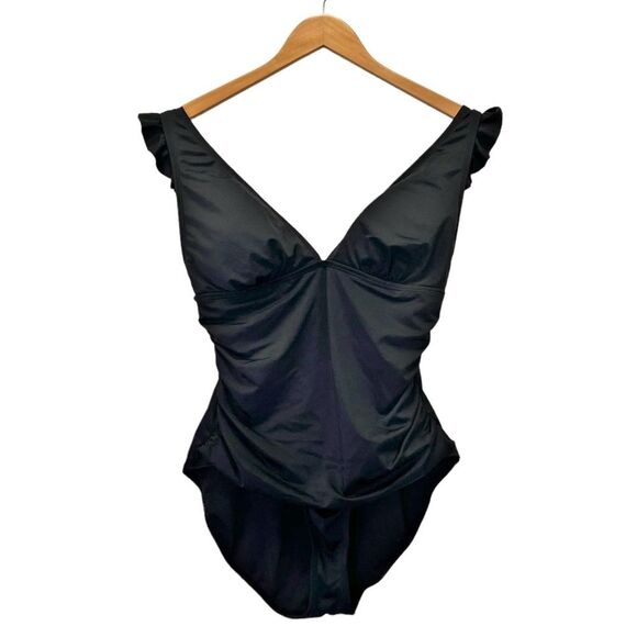Anne Cole Black Flutter Strap Ruched Tummy One-Piece Swimsuit Women’s Size 10 - Picture 1 of 9